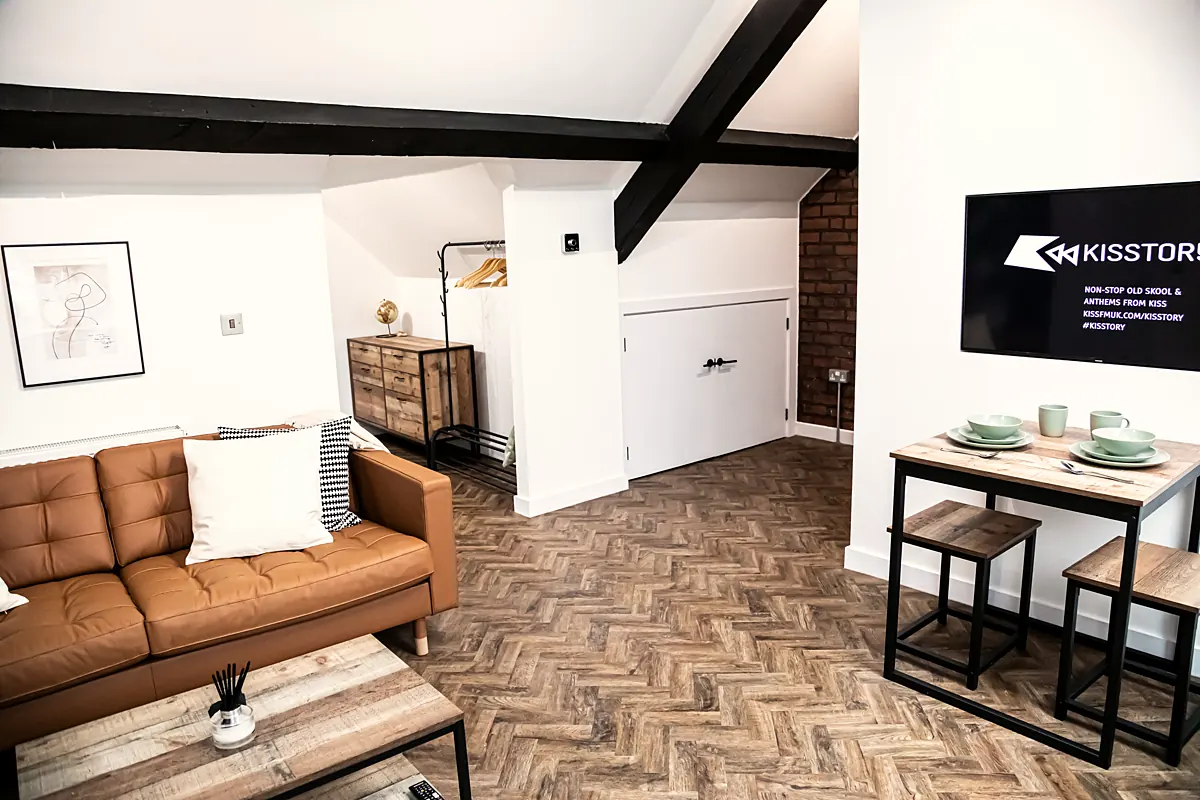Urban Lofts One Bed loft to living room after